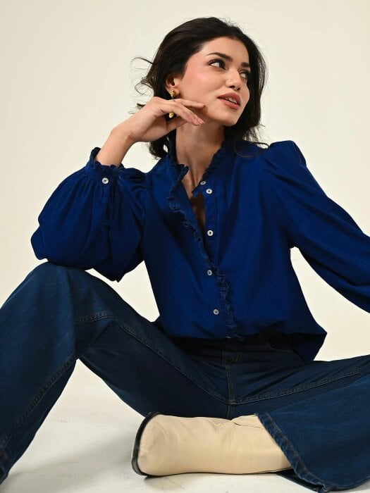 Rose & Nancy Nerys Blue Cord Embroidered Frill Blouse