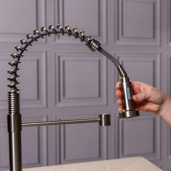Flode Fjädra | Pull Out Kitchen Sink Mixer Tap | Spring Style Mixer Tap | Brushed Steel | Round Head