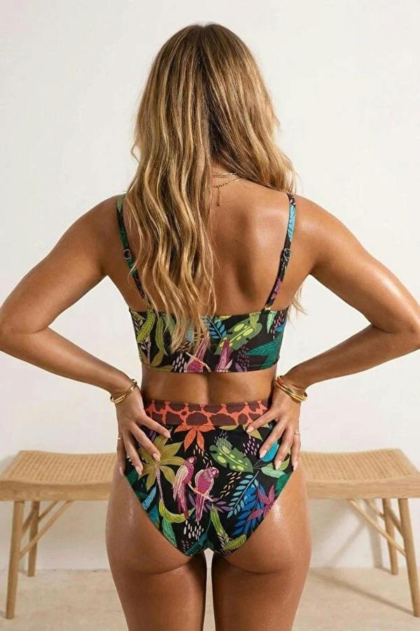 WOVCOR Tropical Patterned Triangle Covered Hipster High Waist Bikini Set