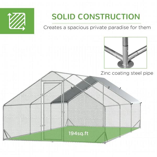 Galvanised walk-in chicken run with silver mesh walls and dark sloped top
