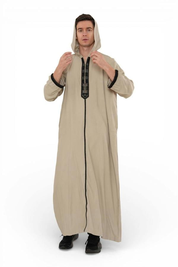 Infinity Leather Men's Hooded Moroccan Embroidery Djellaba Islamic Jubba Robe Eid Ramadan Thobe