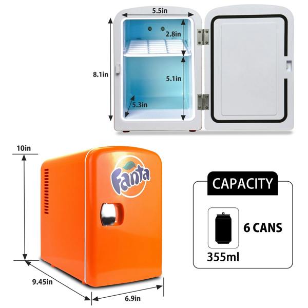 Coca-Cola Fanta 4L Mini Fridge Orange 6 Can Cooler Warmer for Bedroom, Office or Travel (12V Plug)