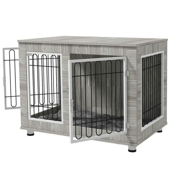 Grey indoor dog kennel with soft cushion, double doors, black wire mesh panels and base feet