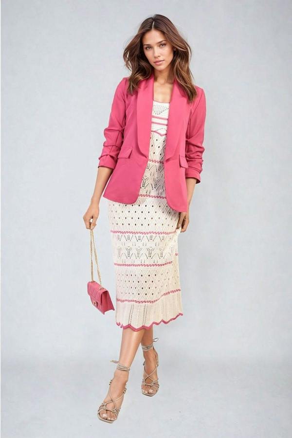Valerie Ruched Sleeve Open Front Blazer Jacket With Front Pockets - Fuschia