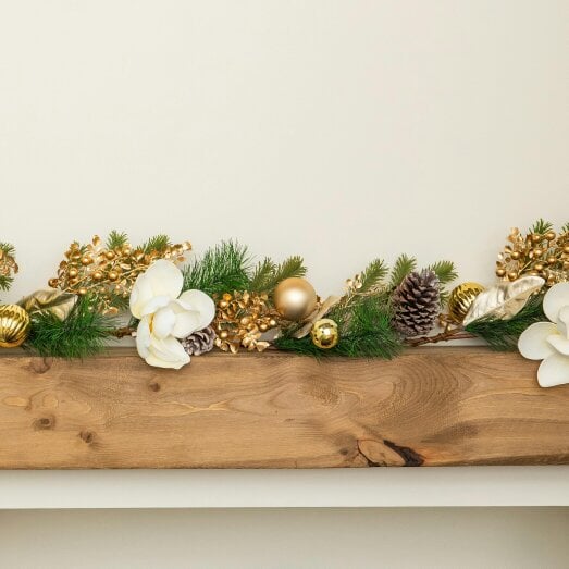 Samuel Alexander 1.8m Champagne Magnolia Decorated Christmas Garland with Gold Baubles