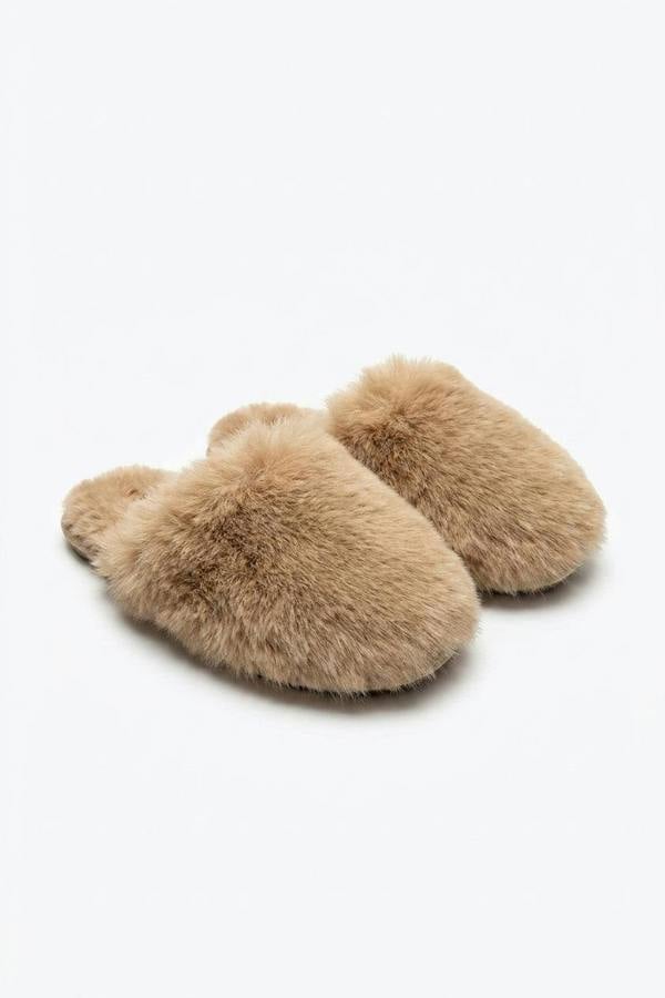 Nadia Fluffy Faux Fur Slippers - Camel_wb