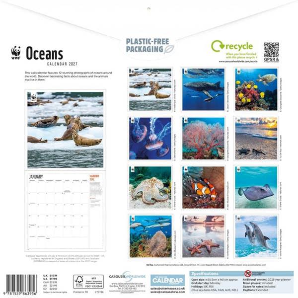 WWF, Oceans Calendar 2027, Wall Calendars, Month To View, Animals, Gift