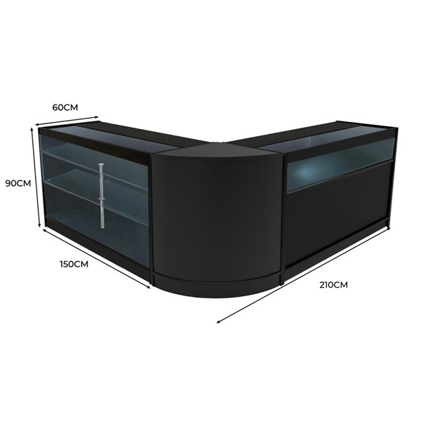 Triton LED Shop Counter Set in black, featuring sleek glass displays, modern design, and dimensions of 210cm x 150cm x 90cm