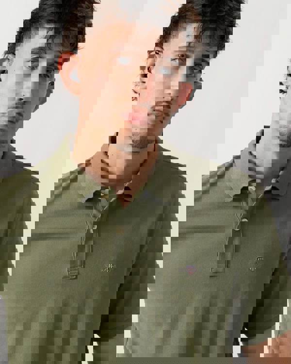 GANT Mens Regular Fit Short Sleeve Shield Logo Pique Polo - 379 Dry Herb Green