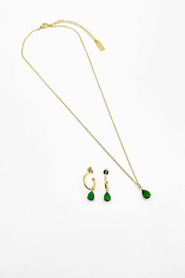 SVNX Rhinestone Teardrop Necklace & Earrings Set in Green - Gift Boxed