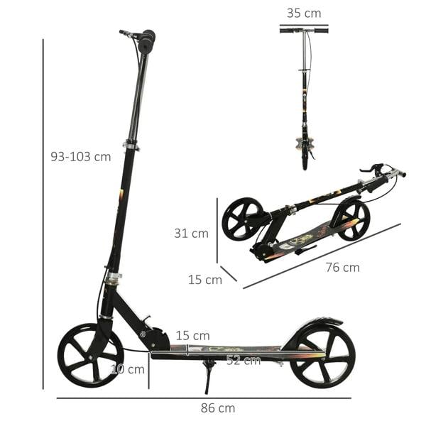 Black foldable kick scooter with adjustable handlebar and wheelbase dimensions