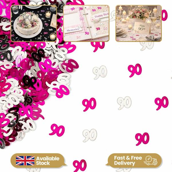 Pink and Silver 90th Birthday Foil Confetti Decoration Set, Metallic Finish for Tables and Displays image 1