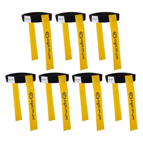 Seven black Optimum tag rugby belts with yellow flags and black logo print, arranged on white