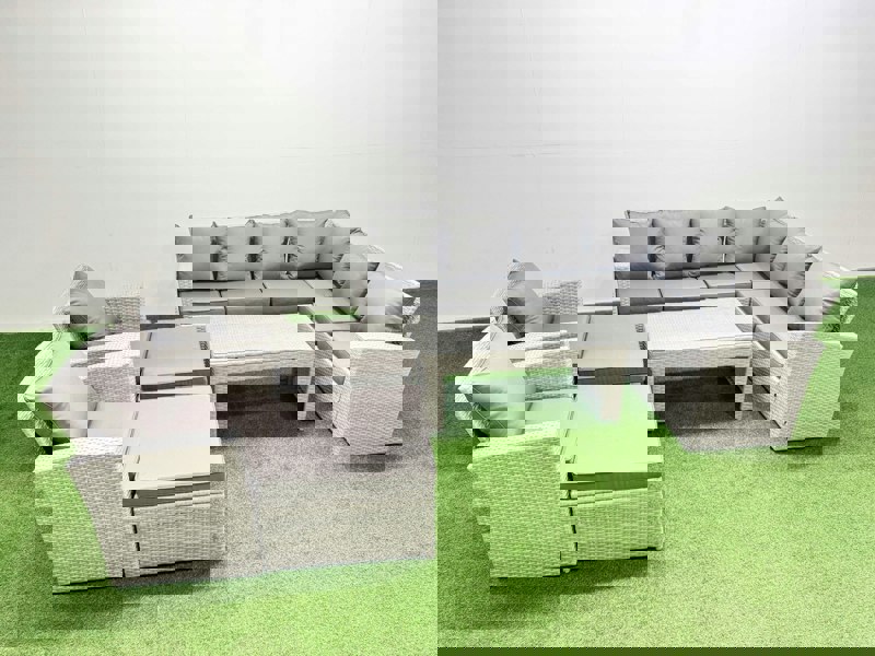 Fimous Rattan Garden Furniture Set 7 Pieces Outdoor Garden Sofa Oblong Coffee Table Set with 2 Chairs Light Grey Mixed