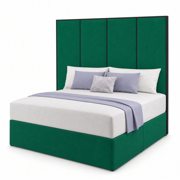 Great British Beds Emma headboard with Contrast Border Divan Bed - Green Plush