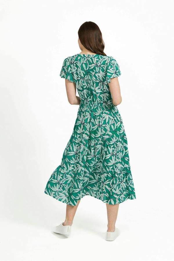 Mudflower Leaf Print Button-Up Elasticated Tie-Front Flared Midi Dress