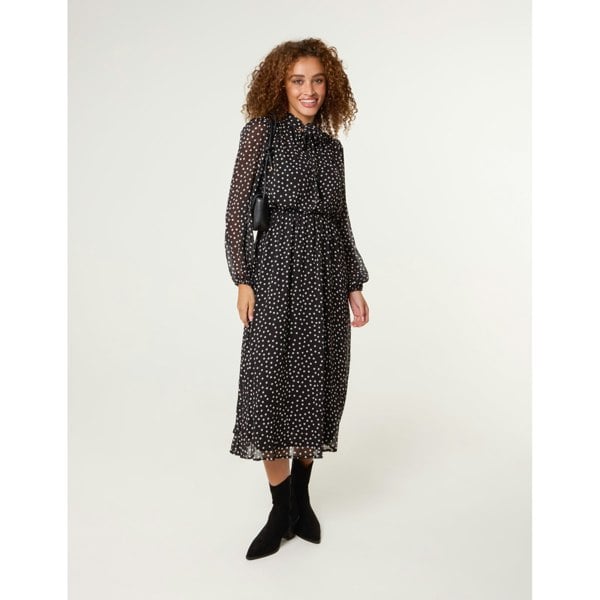 Blue Vanilla Polka Dot Tie Neck Midi Dress