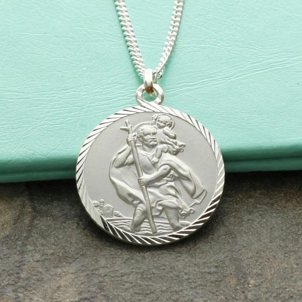 Christopher James of London Sterling Silver Diamond Cut 20mm St Christopher Pendant With Optional Engraving and Chain