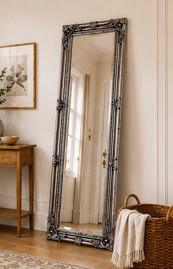 Downton Interiors Antique Silver Tall Ornate Dressing Wall Mirror with Bevelled Glass 142cm