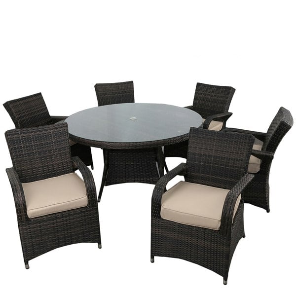 Furniture One 7 PCS Rattan Garden Furniture Dining Set | 6 Seater Patio Round Tempered Glass Dining Table Set| NO ASSEMBLY & ALUMINIUM FRAME
