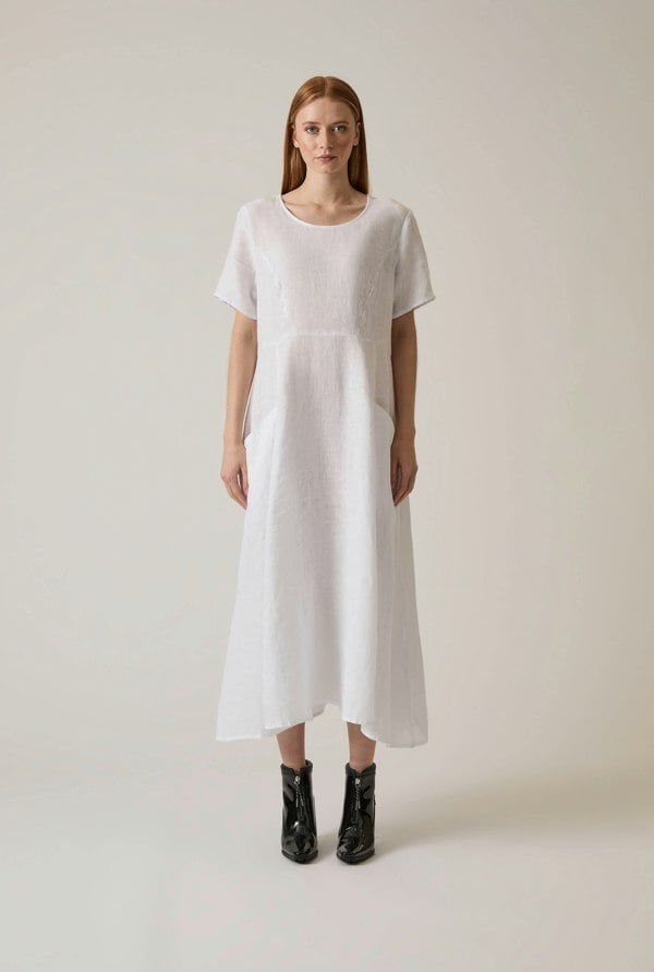 White linen midi dress with side pockets