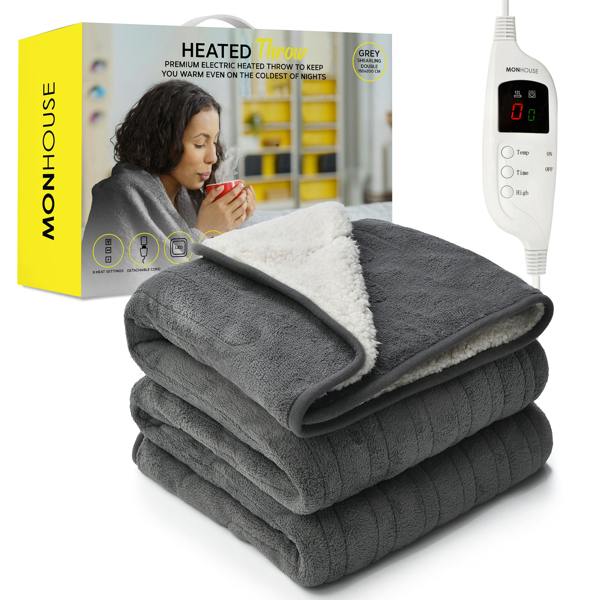 MONHOUSE Heated Electric Throw 9H Timer 9 Heat Setting Shearling Fleece Blanket