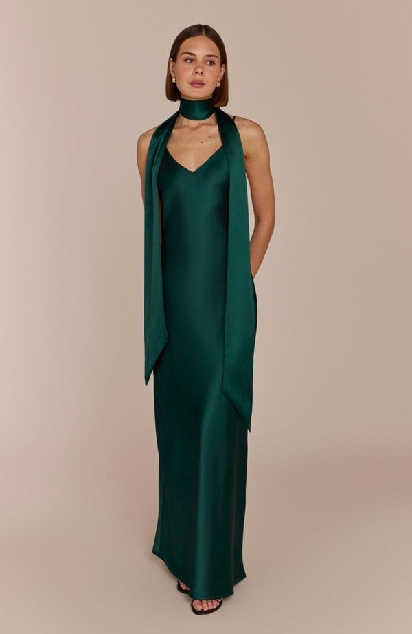 Rewritten London Brooklyn Dress in Forest Green Satin
