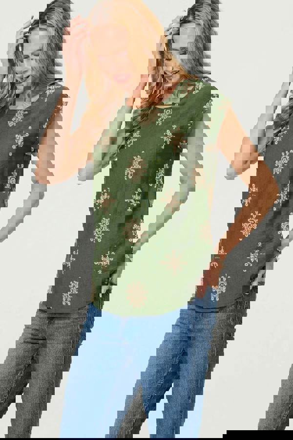 Khaki | Printed Cap Sleeve Slim Relaxed Top