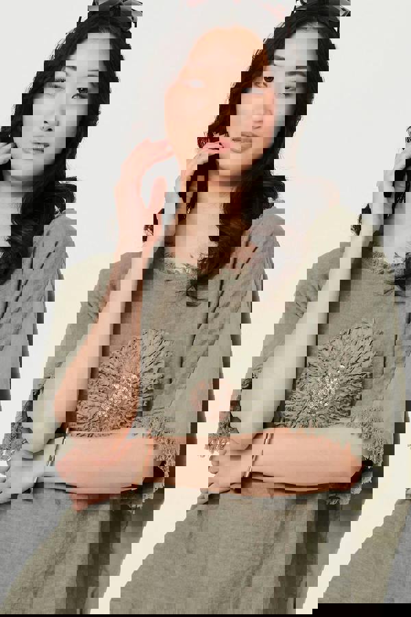 Grey | Frayed Edge Floral Embellished Top