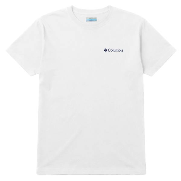 White t-shirt with Columbia logo on a white background