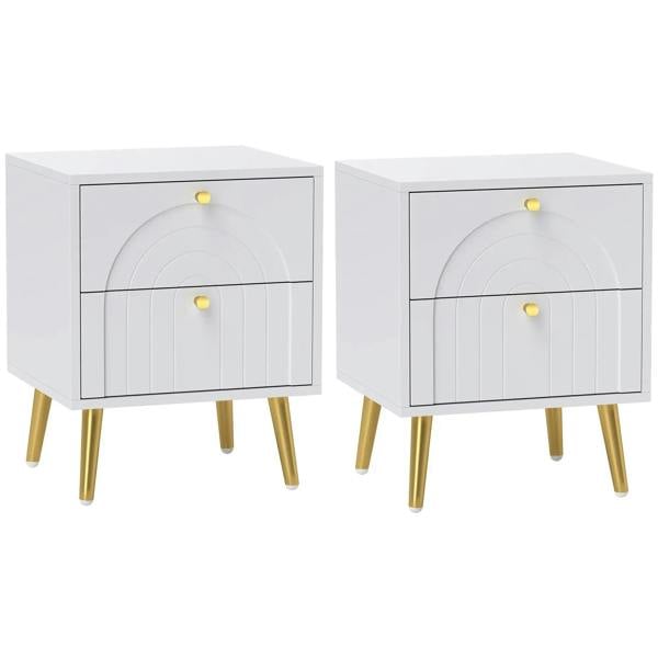 White bedside table set of 2 with two drawers and round gold-tone knobs