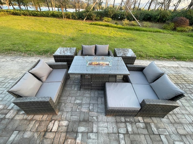 Fimous High Back Rattan Garden Furniture Sofa Sets with Outdoor Furniture Gas Firepit Dining Table Set 2 Side Tables Big Footstool Dark Grey Mixed