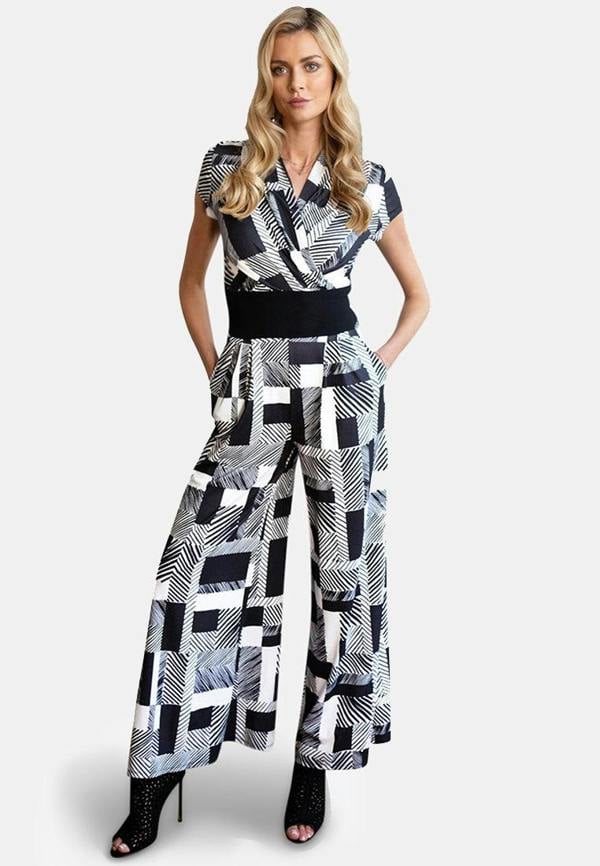 HotSquash V Neck Wide Leg Jumpsuit with Cap Sleeves