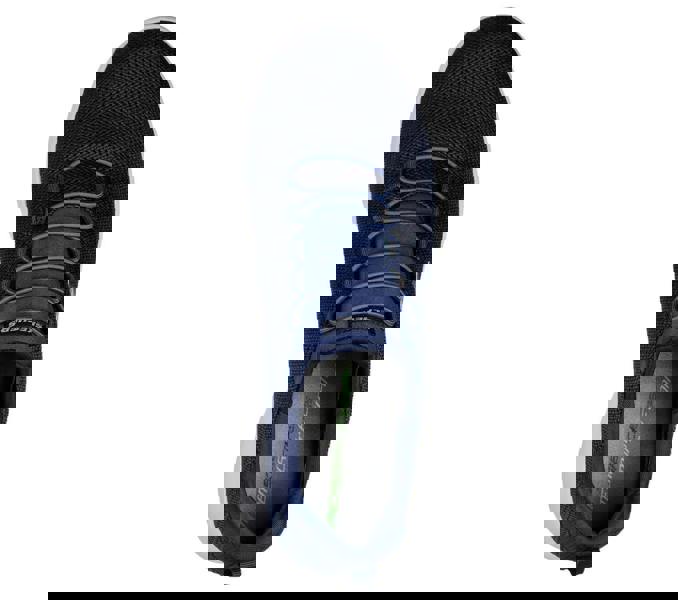 Skechers Dynamight Mens Slip On Comfort Memory Foam Trainers, top view of a navy blue slip-on sneaker with breathable mesh upper and cushioned insole for casual wear.