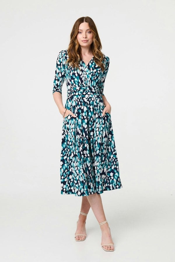 Blue | Printed 3/4 Sleeve V-Neck Midi Wrap Dress
