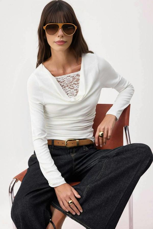 WOVCOR Regular Cowl Neck Long Sleeved Soft Knit Blouse