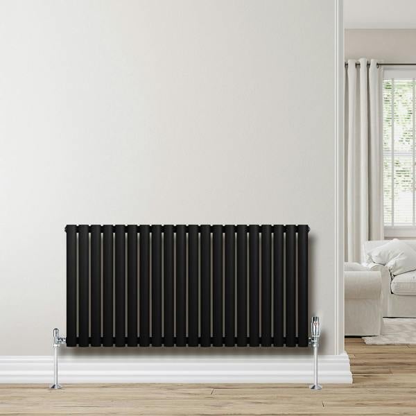 Sleek black oval single column radiator, 600 x 1200mm, featuring vertical bars and polished chrome valves, enhancing modern interiors