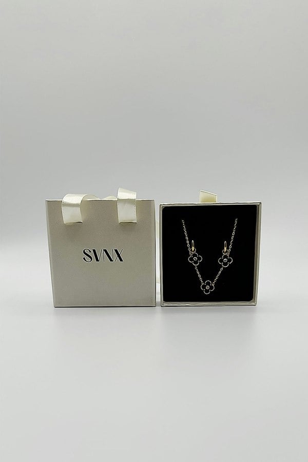 SVNX Mini Clover Necklace & Hoop Earrings in Gold with Gift Box