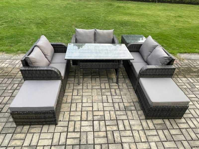 Fimous Outdoor Rattan Garden Furniture Lounge Sofa Set With Oblong Rectangular Dining Table 2 Big Footstool Side Table