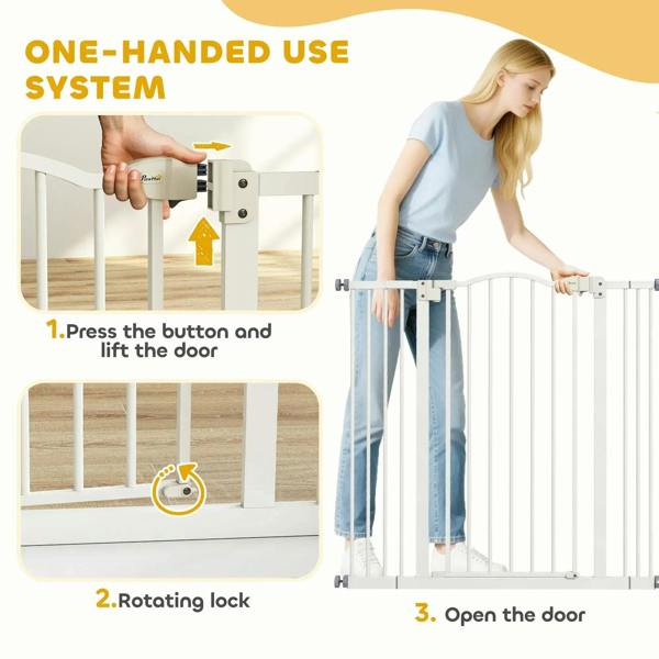 White dog safety gate one-handed use illustration with press-and-lift mechanism