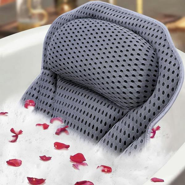 ADOV Bath Pillow, Ergonomic 4D Air Mesh Headrest Cushion with 6 Suction Cups for Head, Neck and Back Support