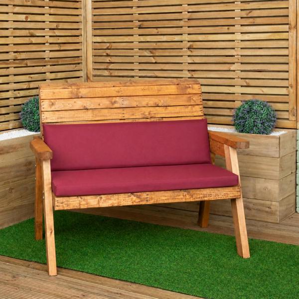 Samuel Alexander Hand Made Traditional 2 Seater Chunky Rustic Wooden Garden Bench with Burgundy Cushions. Flat Packed