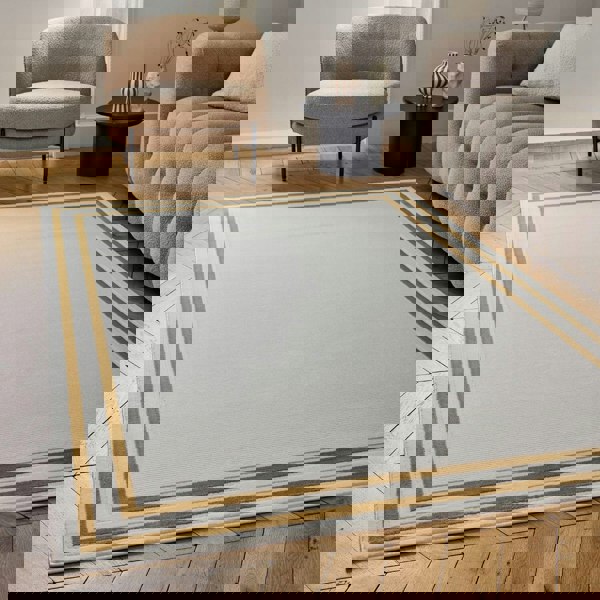 Bordered Living Room rug, gold-cream colours, stain-resistant and non-shedding