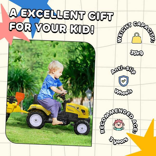 Yellow ride-on tractor toy with child seated, four wheels, and rear accessory