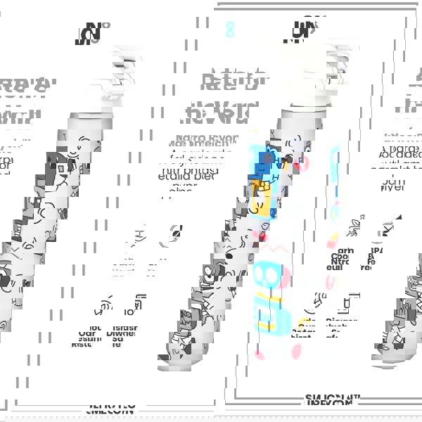 A water bottle, featuring cartoon robots, sits against a white background; it is made from a plant-based polymer, BPA-free, odour-resistant, and dishwasher-safe.