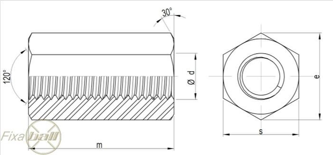 Fixaball Connector Long Hex Nut for Threaded Bar BZP