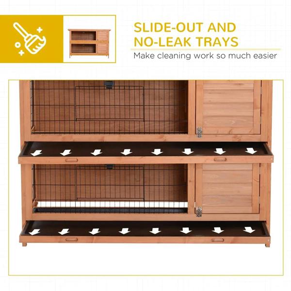 Orange wooden rabbit hutch with slide-out black trays and wire mesh compartments