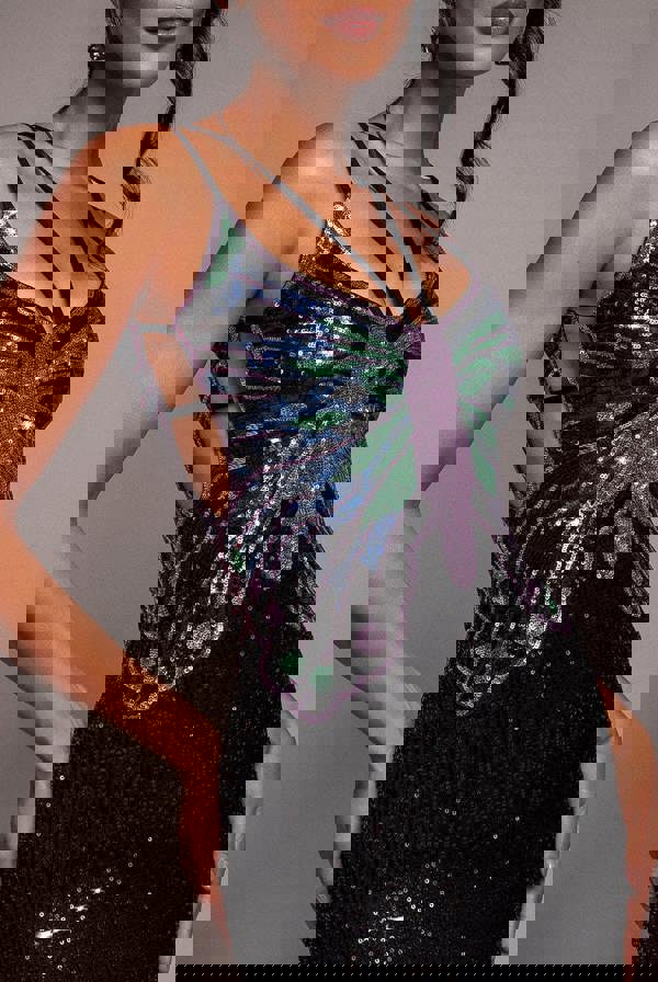 Sequin Butterfly Front Split Maxi Dress - Black DR4609