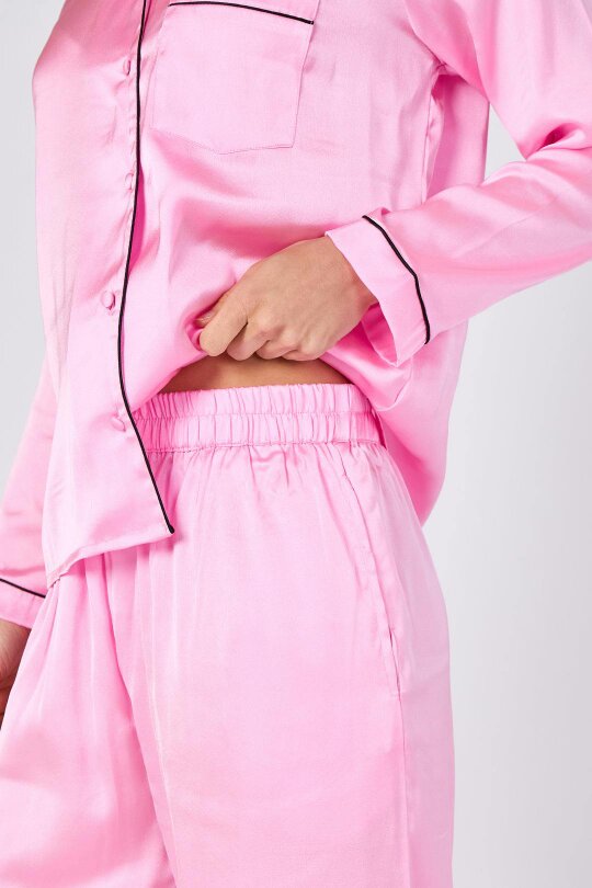 Elaina Fashion Women's Pink Satin Pyjama Sleepwear Set with pockets- Long Sleeves Soft