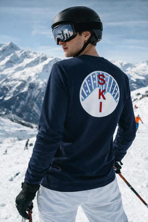 SKI Long Sleeve T-shirt in navy blue (orange skier on front)